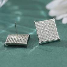 Classic Luxury Square Stud Earrings, Inlaid With Shiny White Cubic Zirconia, Simple And Exquisite, Suitable For Daily And Date Wear. - Silver - View 4