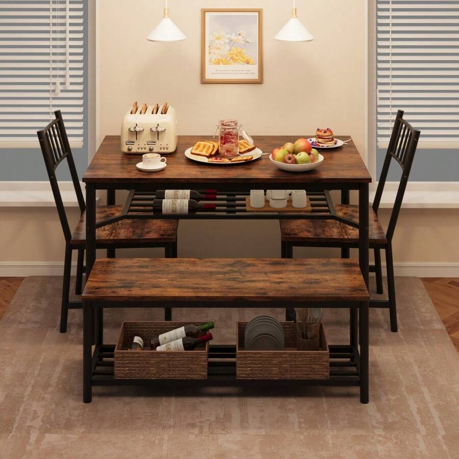Space-Saving 4 Piece Dining Table Set With Chairs And Storage Bench – Rectangular Kitchen Table With Wine Rack – Modern Vintage Style – Sturdy Metal Frame – Ideal For Apartments And Small Spaces - A - View 1
