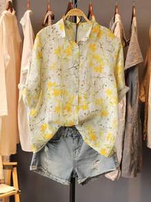 de mujer con estilo francés, con estampado floral amarillo, con cuello, manga 3/4, adecuada para el trabajo o las vacaciones, parte superior artística ajustada y transpirable para el verano - Rosa Pálido - Ver 13