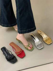 法式復古金色單條帶女款涼鞋，夏季新款，柔軟墊感，時尚方頭露趾高跟鞋 - 綠色 - 查看 3