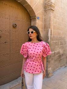 Solid Color Bubble Short Sleeve Polka Dot Top, Spring/Summer Pink, Soft Girl Style - Pink - View 1