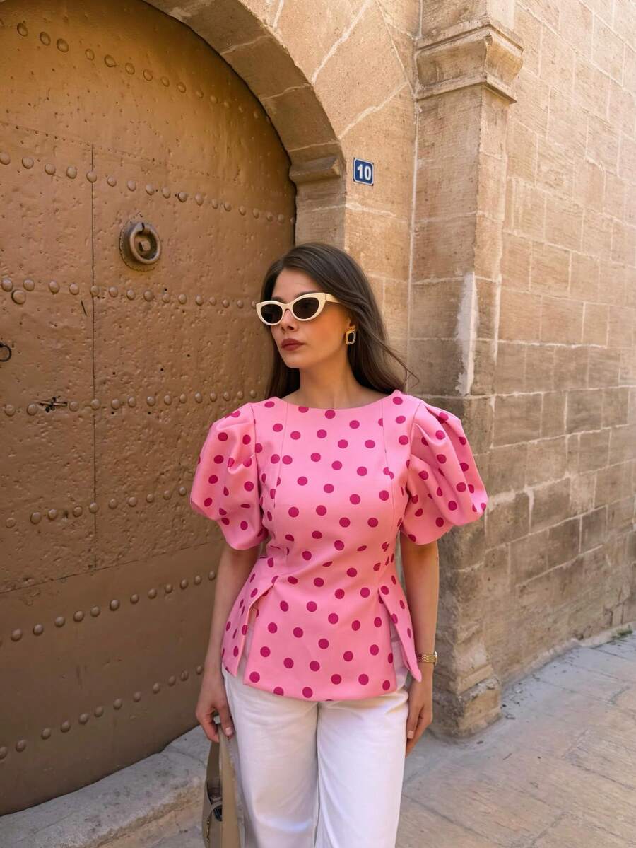 Solid Color Bubble Short Sleeve Polka Dot Top, Spring/Summer Pink, Soft Girl Style - Pink - View 1