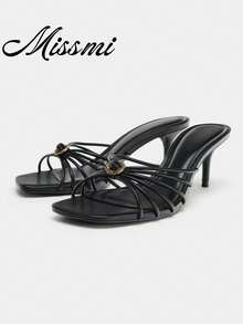 Sandalias de tacón alto de aguja con punta redonda y espalda abierta de material de malla para mujer, primavera/verano 2026 - Negro - Ver 2