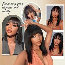 Straight Wig With Bangs Full Machine Made Wigs Synthetic Hair Wig Wear And Go Wig 200% Density Non Lace Front Wig For Women Short Bob Straight Glueless Bangs Wig Natural Black Color With Bangs For Women Daily Wear/Special Events - Natural & Black - View 10