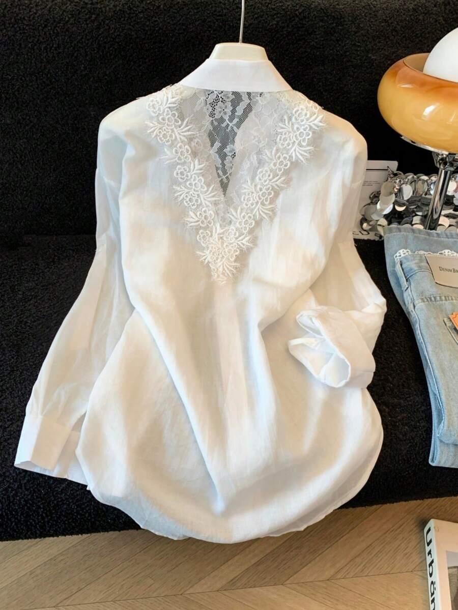 Women's Lace Blouse New Summer Outerwear Top French Style Unique Beautiful Gorgeous Shirt White - White - View 1