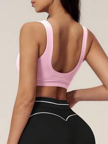 TimeOff Women's One Piece Contrast Color White Trim U-Neck Backless Sports Bra Tank Top With Removable Built-In Pads - Pink - View 3