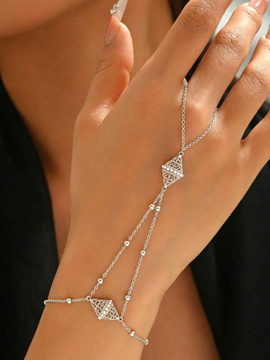 1 pieza Elegante y creativo brazalete de cadena para dedo con moneda antigua bañada en oro de cobre y borla de estrella para mujeres, accesorio para vestido de banquete y boda - Plateado - Ver 1