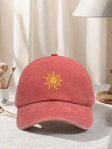 1 Pc Gender-Neutral Retro Sun Print Baseball Cap, Adjustable Design, Suitable For Outdoor Activities, Travel And Running, Sun Hat For Sun Exposure - Coffee Brown - View 9