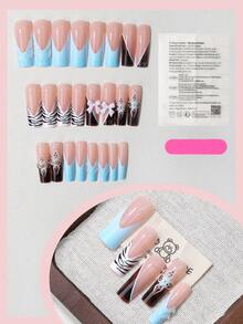 24 Pcs Long Rectangular Press-On Nails, Blue And Brown Color-Block Zebra Print With 3D Bow, Sweet Cool Spicy Girl Style Fake Nails, Suitable For Daily Commute, Date And Party, Includes Nail File + Jelly Glue - Baby Pink - View 3