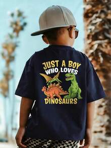 小男孩恐龍印花T恤「Just A Dino Loving Boy」短袖休閒上衣，海軍藍，適合日常穿著 - 藏蓝色 - 查看 2