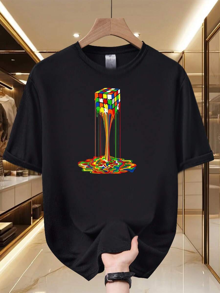 2026 Men's Graphic Tee - Vibrant Cube Pattern, Comfortable And Breathable, Made Of 100% Polyester, Distinctive Artistic Style, Round Neck, - Black - View 1