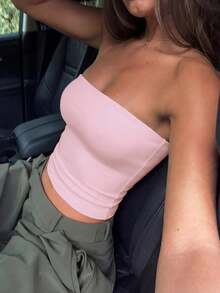 女款夏季性感辣妹休閒百搭 Y2K 風格平口上衣 粉色，音樂節風格 - 粉色 - 查看 6