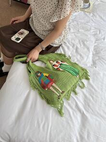 1個撞色魚形大容量肩背托特包，時尚鉤編包，波希米亞風女款海邊度假日常百搭款 - 綠色 - 查看 2