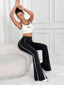 1pc Women's Sports Long Pants, Flared Leg, Peach Butt Lift, Leg Shaping, Waist-Cinched Design, Streamlined Contrast Color Lines, Suitable For Gym, Yoga, Running, Workout, Daily Casual, Fashionable Outfit, Autumn/Winter/All Seasons - Black - View 8