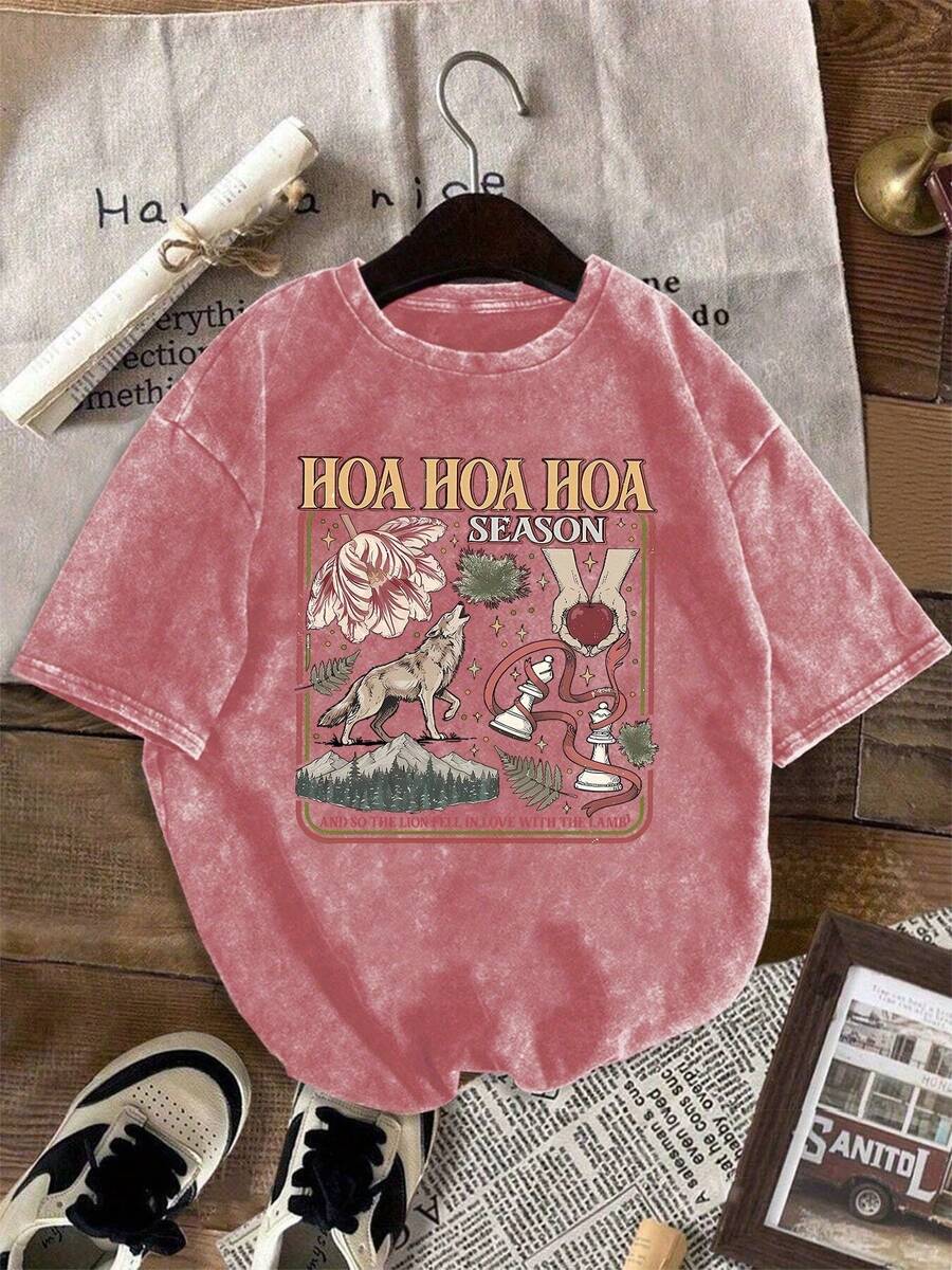 Camiseta Casual de Manga Corta con Cuello Redondo y Estampado Gráfico "Twilight" para Uso Diario - Rojo - Ver 1