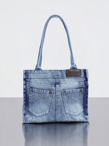 Rollcall New Chic Casual Washed Jeans Shoulder Tote Bag, Niche Design, Fashionable Street Handbag, Suitable For Shopping And Commuting, Perfect For Cow Girl - Blue - View 1