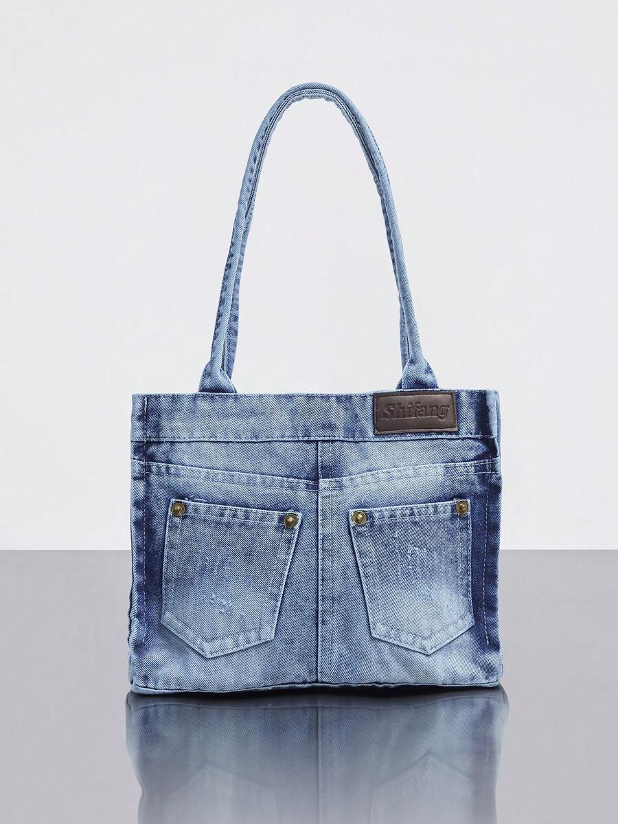 Rollcall New Chic Casual Washed Jeans Shoulder Tote Bag, Niche Design, Fashionable Street Handbag, Suitable For Shopping And Commuting, Perfect For Cow Girl - Blue - View 1