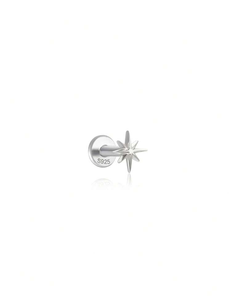 1pc 925 Sterling Silver Octagonal Star Flat Back Nose Stud, Hypoallergenic Body Piercing Jewelry, Nose Ring, Unisex, Suitable For Daily Wear And Gift - Silver - View 10