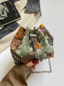 New Chinese Style Retro National Style Bucket Bag For Women, New Craftsmanship Mesh Embroidery Floral Sequin Chain Crossbody Bag - Green - View 8