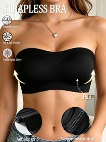 Women Strapless Bras Backless Wireless Bralette Black Non-Slip Silicone Soft Padded Cups Bandeau Removable Padding Underwear Intimates Tube Top - Black - View 1