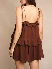 Womens Summer Romper Dress Chiffon Spaghetti Strap Sleeveless Ruffle Tiered Short Jumpsuits Beach Vacation Rompers - Brown - View 4