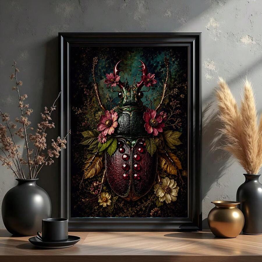1pc Framed/Unframed Gothic Style Botanical Floral Beetle Pomegranate Canvas Poster, Dark Academia Floral Insect Wall Art Print, Minimalist Entryway/Entrance Aesthetic Decor Scroll Painting, Suitable For Dorm, Living Room, Bedroom Modern Home Decor