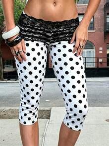 Womens Lace Trim Plain 3/4 Leggings Gym Stretch Capri Cropped Jogging Pants - White - View 2