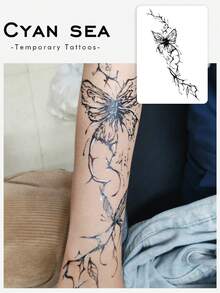 1pc Dark Ink-Style Butterfly Vine Lines Pattern Tattoo Sticker, Temporary Tattoo Sticker, Simulated Tattoo Design, Suitable For Travel, Music Festival, Games, Graduation Gifts, Lasts For 3-5 Days - Black - View 1