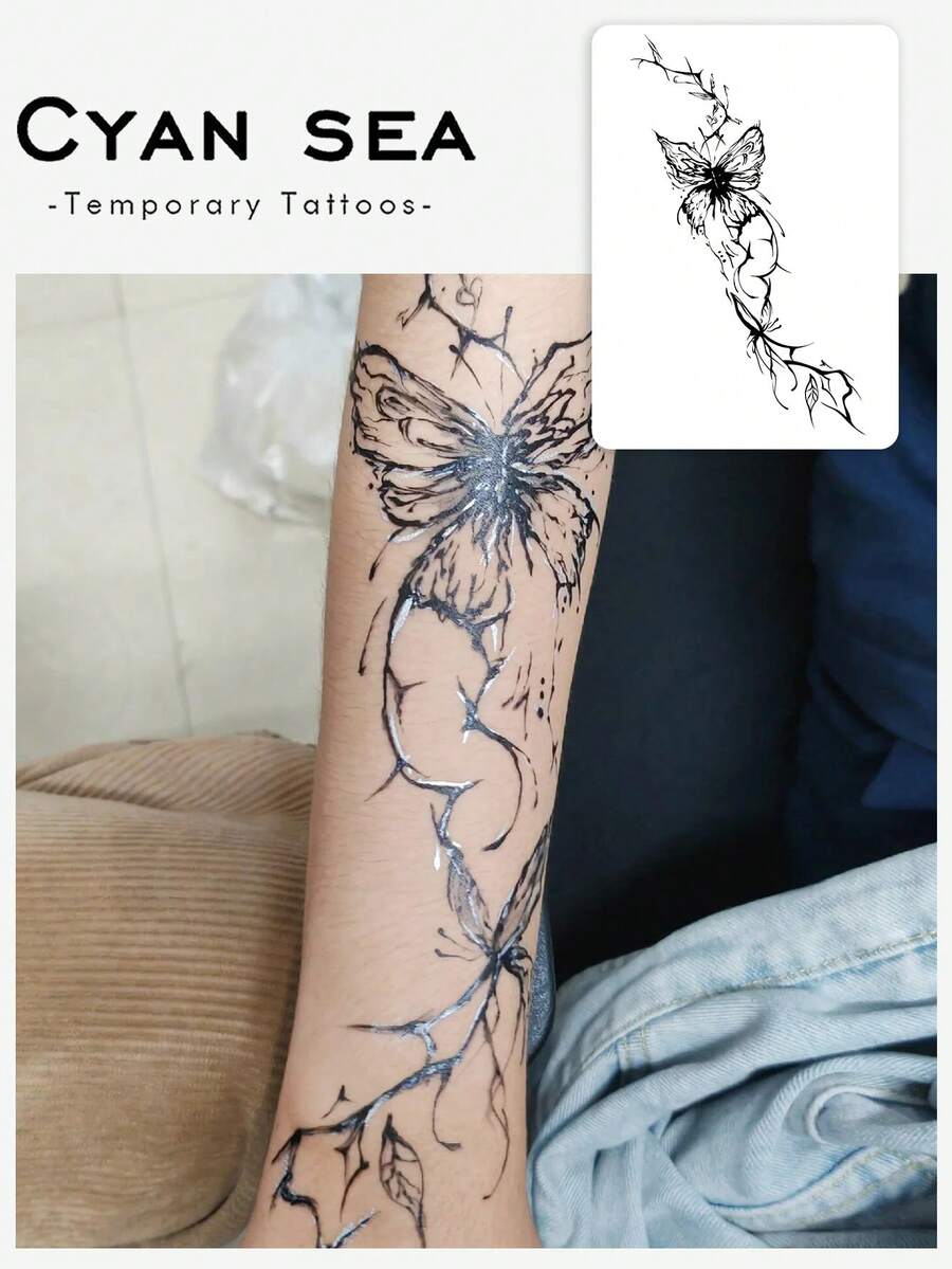 1pc Dark Ink-Style Butterfly Vine Lines Pattern Tattoo Sticker, Temporary Tattoo Sticker, Simulated Tattoo Design, Suitable For Travel, Music Festival, Games, Graduation Gifts, Lasts For 3-5 Days - Black - View 1