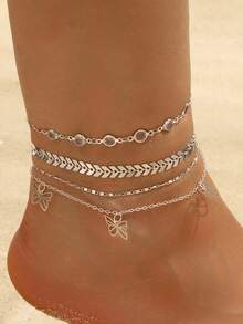 5pcs European And American Style Hollow Butterfly Pendant Anklet Set, Fashion Minimalist Chain Anklet, Hawaiian Beach Chain - Silver 4-piece Butterfly Anklet - View 4