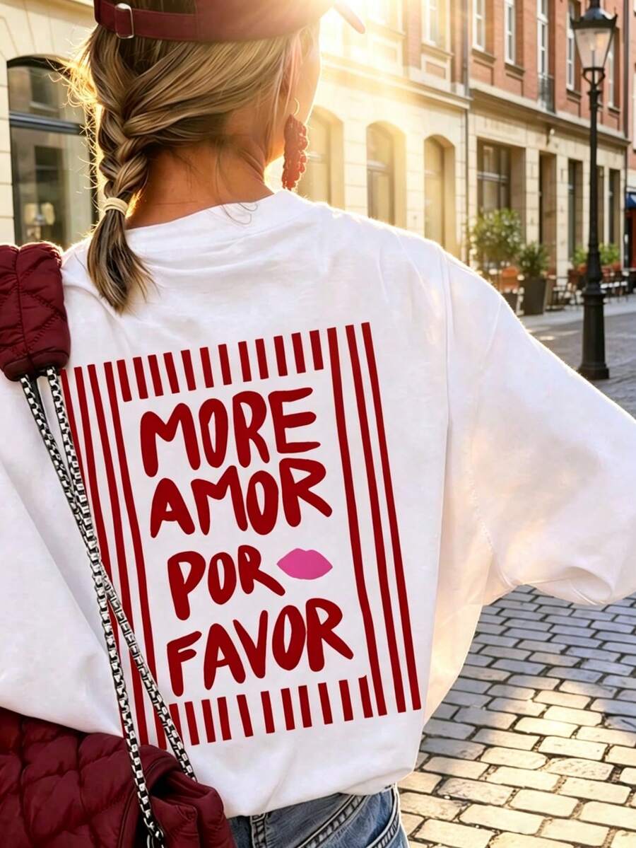 1件女款夏季寬鬆休閒圓領短袖T恤上衣，「MORE AMOR POR FAVOR」條紋印花圖案T恤，度假、辦公、日常穿著，白色