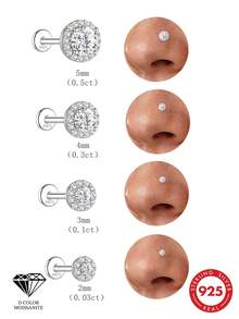 1Pc 2-5MM 925 Sterling Silver Moissanite Round Bezel Nose Stud, Hypoallergenic Body Piercing Nose Ring For Women Daily Party Birthday Gift - Silver - View 1