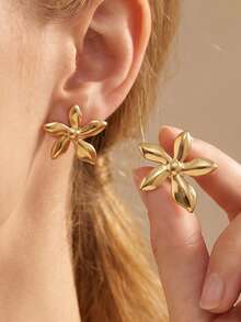Juego de pendientes góticos gruesos y brillantes dorados para mujer, acero inoxidable sin deslustre, forma de flor, corazón y geométrica, joyería de botón para uso diario y festivales (1-12 pares) - Dorado - Ver 2
