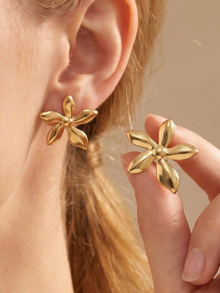 Juego de pendientes góticos gruesos y brillantes dorados para mujer, acero inoxidable sin deslustre, forma de flor, corazón y geométrica, joyería de botón para uso diario y festivales (1-12 pares)