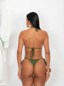 Triangle Bikini With Double Polyamide String Tie-Up Panties - Army Green - View 3
