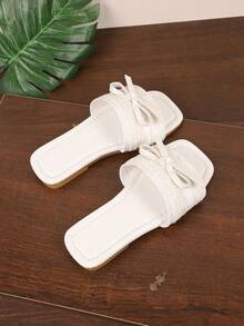 1 Pair Small Size White Bow Square Toe Slide Sandals, Open Toe Soft Sole Anti-Slip Slip-On Design, Fashion Minimalist Beach Flip Flops, Suitable For Female Students Daily School, Outings, Vacation, Spring/Summer New Style - Beige - View 5