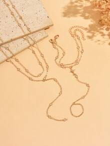 4pcs/Set Minimalist Elegant Gold-Tone Transparent Rhinestone Y-Shaped Necklace & Finger Chain Jewelry Set, Design-Driven Eight-Pointed Star Decor Bracelet, Suitable For Women's Daily Wear, Commute, Party And Date, Chain Length Adjustable By Cutting - Gold - View 3