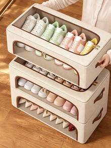 Foldable Double-Deck Shoe Rack - Stackable Under Bed Storage Cabinet, Retro Style, Suitable For Sneakers, High Heels And Various Shoes, Space-Saving Multifunctional Wardrobe And Bedroom Storage Solution, Shoe Cabinet, Under Bed Storage, Neutral Decor - Multicolor - View 1