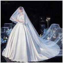 Women's Floor-Length Extra Long Train Veil, White Hemmed Tulle Bridal Veil, Suitable For Wedding Banquet, Performance, Party, Cosplay Decoration, Travel Photography Prop, Elegant Vintage Style, 300 Cm Length, Ethereal Mori Style Train Veil - White - View 2