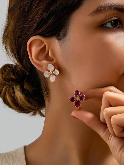 1 pieza Clips de oreja con flor de esmalte con goteo elegante francés, joyería de oreja sin perforación para mujeres, adecuado para uso diario casual, fiesta, reunión de té de la tarde