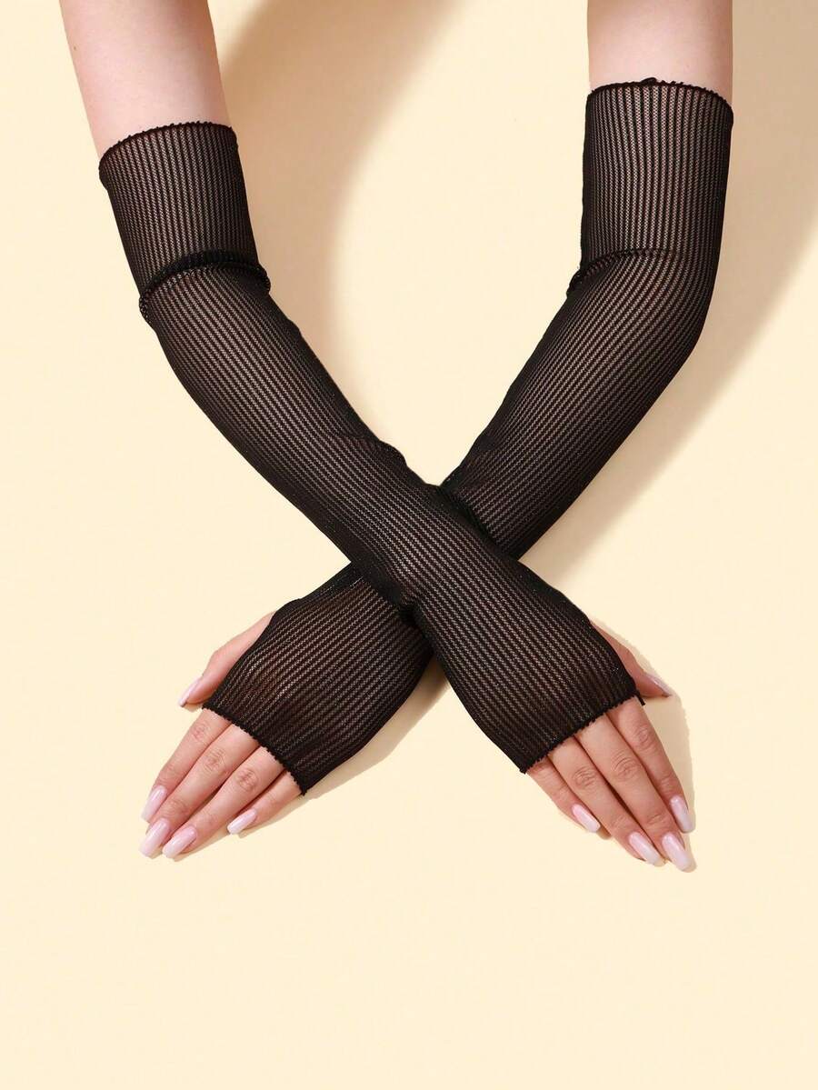 1 Pair Long Fingerless Black See-Through Striped Arm Sleeves, Sheer Striped Long Gloves Sun Protection Arm Covers, Suitable For Women's Wedding, Party And Stage Performance - Black - View 1