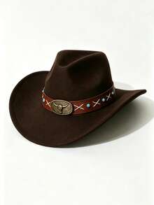 1pc Unisex Western Cowboy Hat, Felt Hat, Riding Hat, Summer Sun Protection Hat, Simple And Stylish. Suitable For Daily Wear, Parties, Outdoor Riding, Western Theme Events, Cosplay, Music Festivals And More. - Blue Pearl Brown Leather Top Hat - View 3
