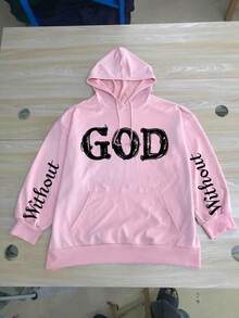 Letter Print Pattern Sweatshirt, Plus Size Women's Casual Autumn/Winter Hooded Sweatshirt. Pink - Pink - View 5