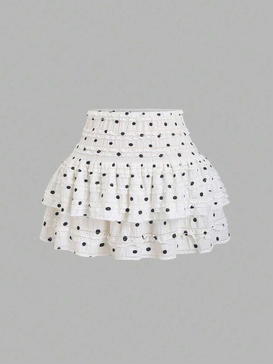 Y2K Casual Resort Mini Skirt With Double-Layered Hem And Solid-Color Ruffle Trim - Apricot - View 1