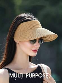 1pc Fashion Straw Visors Women Wide Brim Hats Roll-Up Foldable Summer Beach Visor Hat,Sombrero De Playa Mujer,Hats For Women,Sombreros Para El Sol - Multicolor 4 - View 2