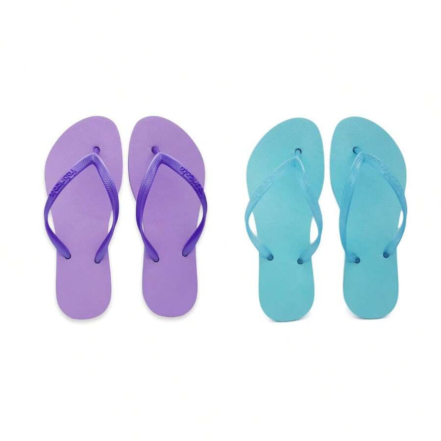 Kit Of 2 Pairs Of Women's Slim Flip-Flops, Flat Sandals, Lilac Green, Comfortable, Lightweight, Soft, Original F02 - Tím nhạt/Xanh lá cây - Xem 1