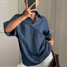 xuehuamaoyi02  Blusa de mezclilla suelta y casual de color natural para mujer, nueva llegada para otoño y verano - Blanco - Ver 8