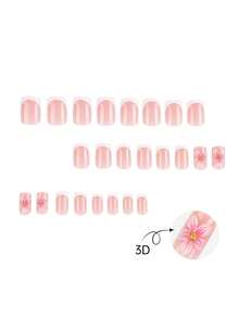 24pcs Short 3D Minimalist White French Style 3D Flower Square Nails + 1pc Jelly Glue + 1pc Nail File - 彩色 - 查看 5