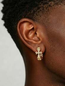 1 par de pendientes de aro cuadrados con cruz de circonita estilo hip hop para hombre, chapados en oro, joyería de pareja para fiesta, festival de música, regalo de aniversario para novio - Pendientes - Ver 2