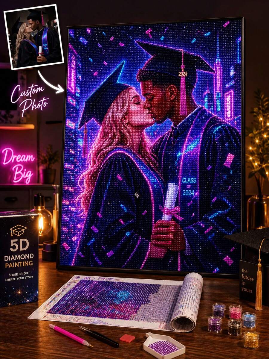 Personalisiertes 5D Diamant Malerei Porträt, Cyberpunk Neon Abschluss Paar Kuss Leinwand Set, personalisierte Diamant Stickerei Wandkunst, DIY Foto Geschenk für Freunde, 2024 Abschluss Dekoration, Muttertags- und Abschlussgeschenk, warme Atmosphäre